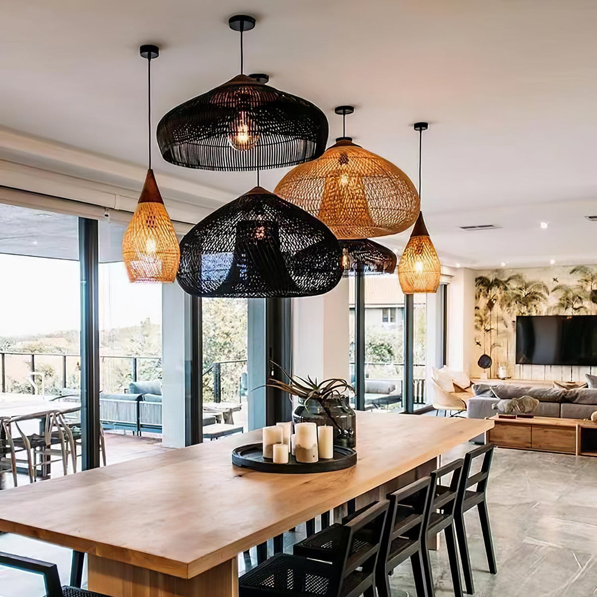 Rattan Pendant Light, Handwoven Wood & Rattan Shade