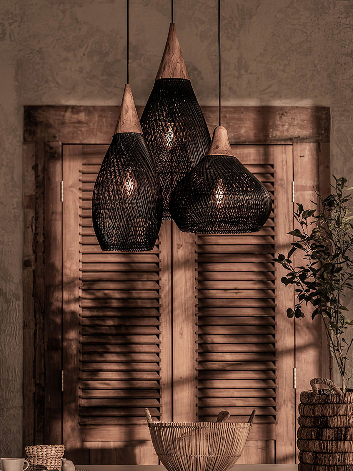 Rattan Pendant Light, Handwoven Wood & Rattan Shade