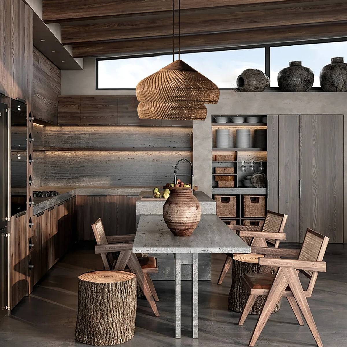 Rattan Pendant Light, Handwoven Wood & Rattan Shade