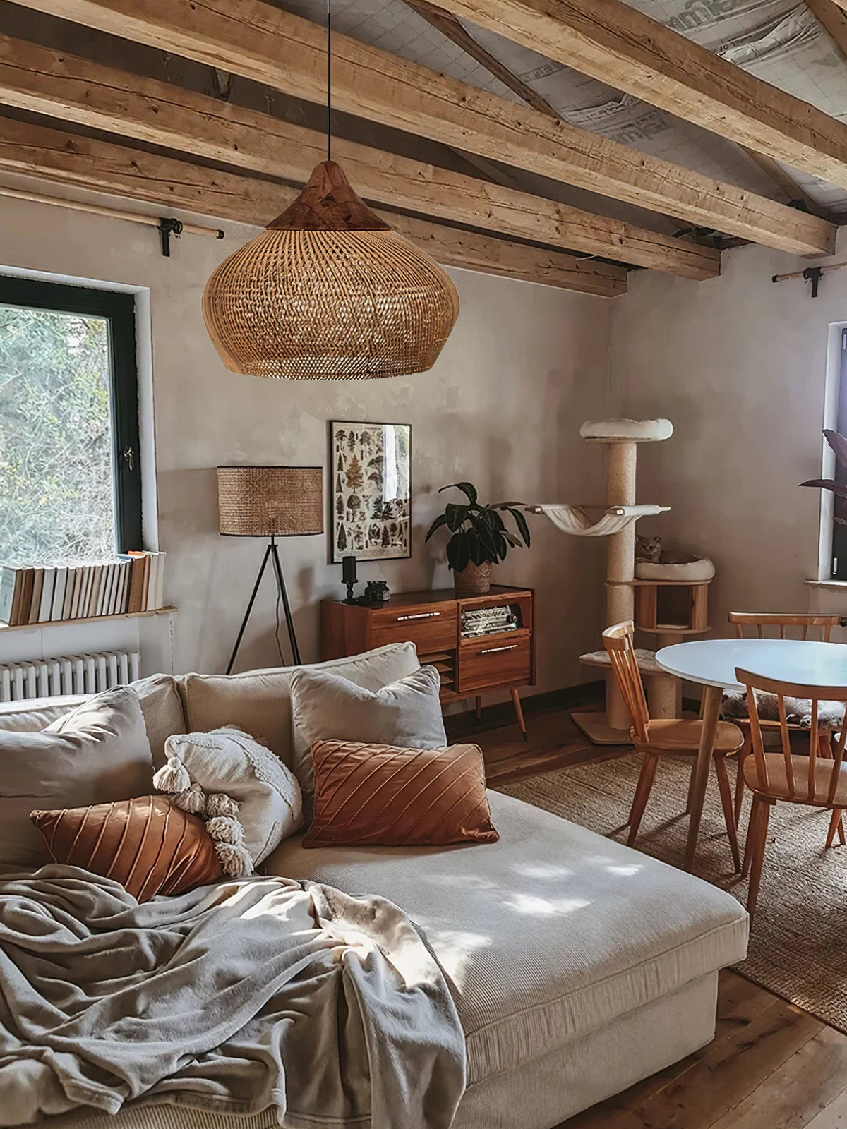 Rattan Pendant Light, Handwoven Wood & Rattan Shade
