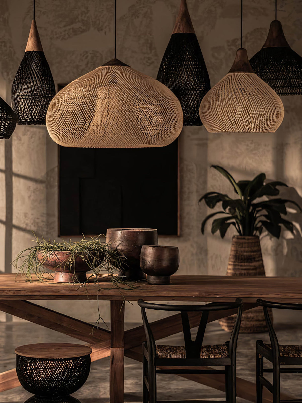 Rattan Pendant Light, Handwoven Wood & Rattan Shade