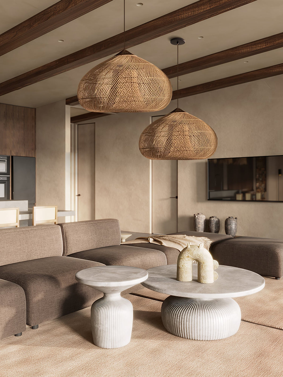 Rattan Pendant Light, Handwoven Wood & Rattan Shade