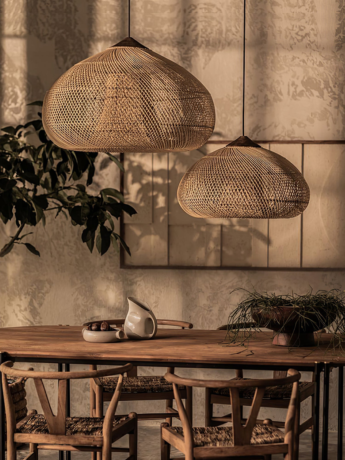 Rattan Pendant Light, Handwoven Wood & Rattan Shade