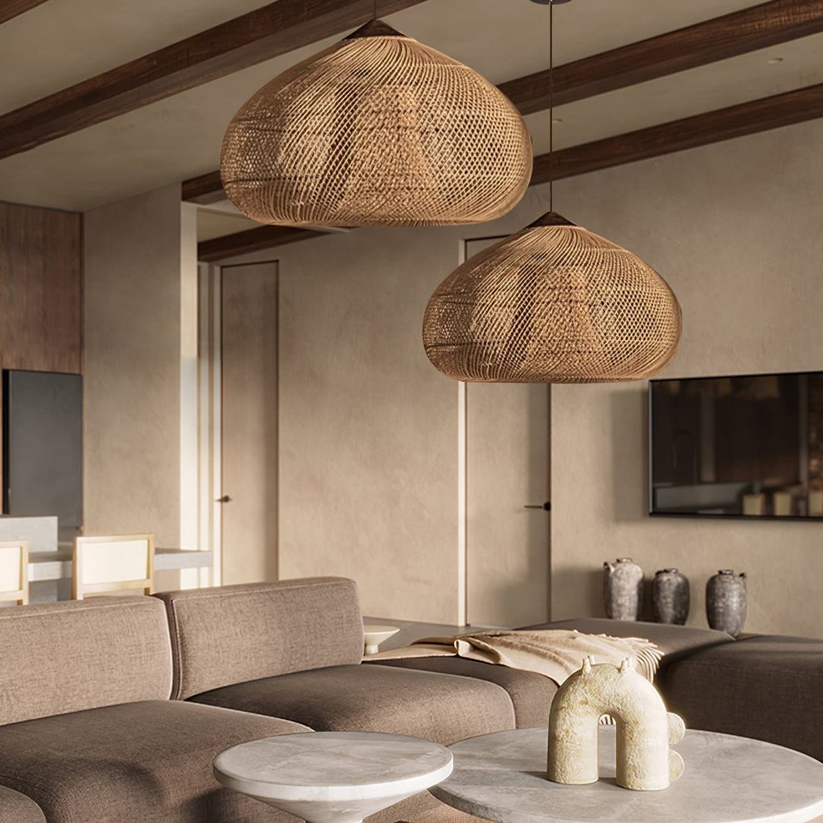 Rattan Pendant Light, Handwoven Wood & Rattan Shade