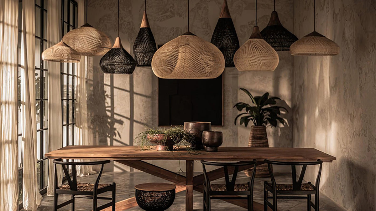 Rattan Pendant Light, Handwoven Wood & Rattan Shade