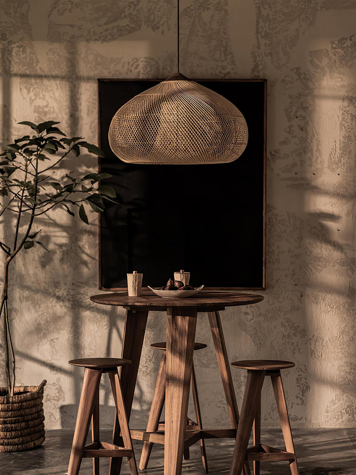 Rattan Pendant Light, Handwoven Wood & Rattan Shade