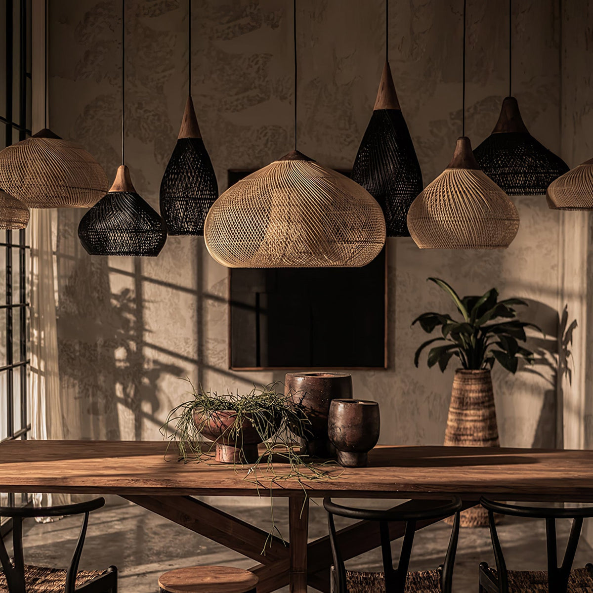 Rattan Pendant Light, Handwoven Wood & Rattan Shade