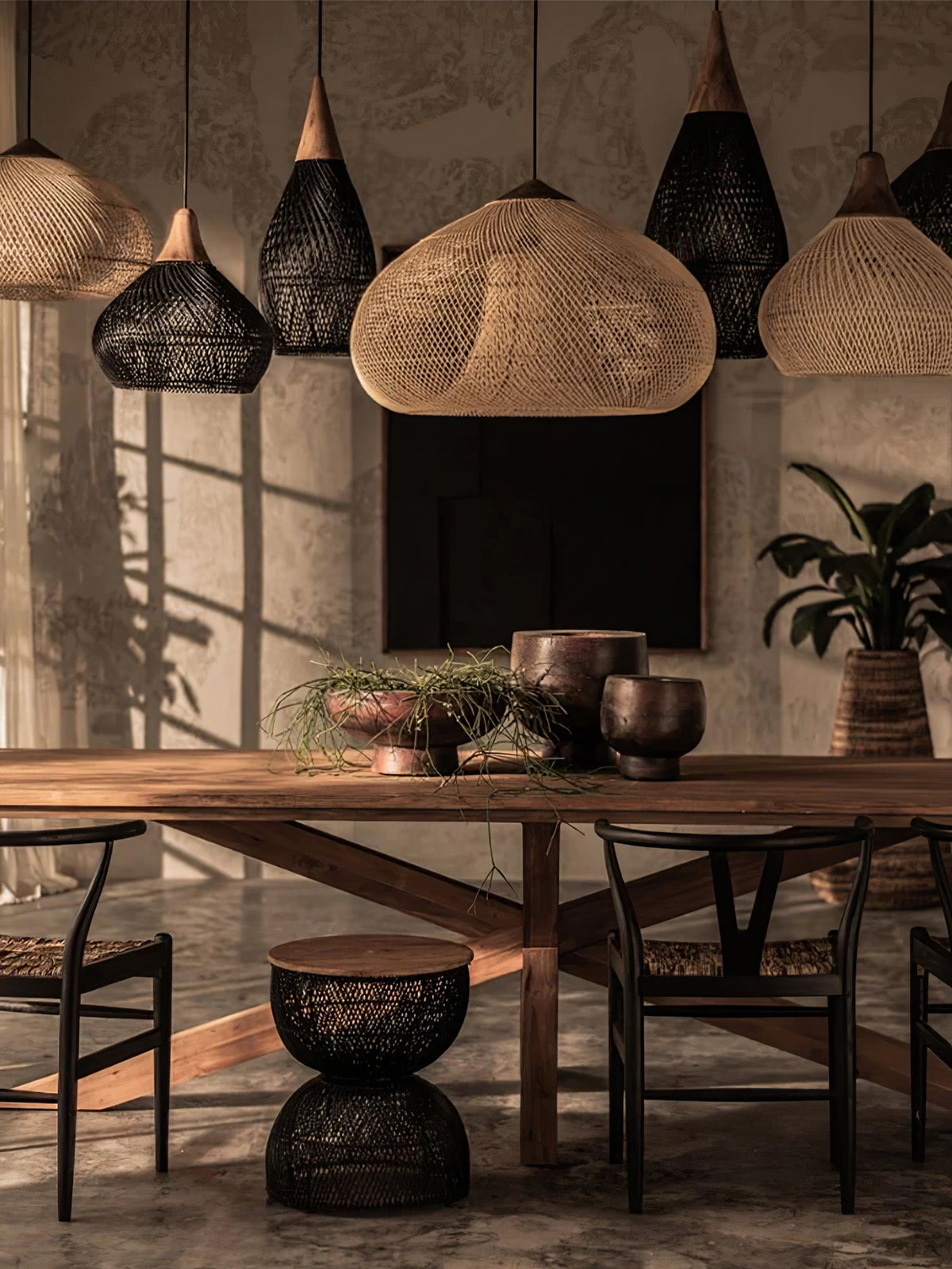 Rattan Pendant Light, Handwoven Wood & Rattan Shade