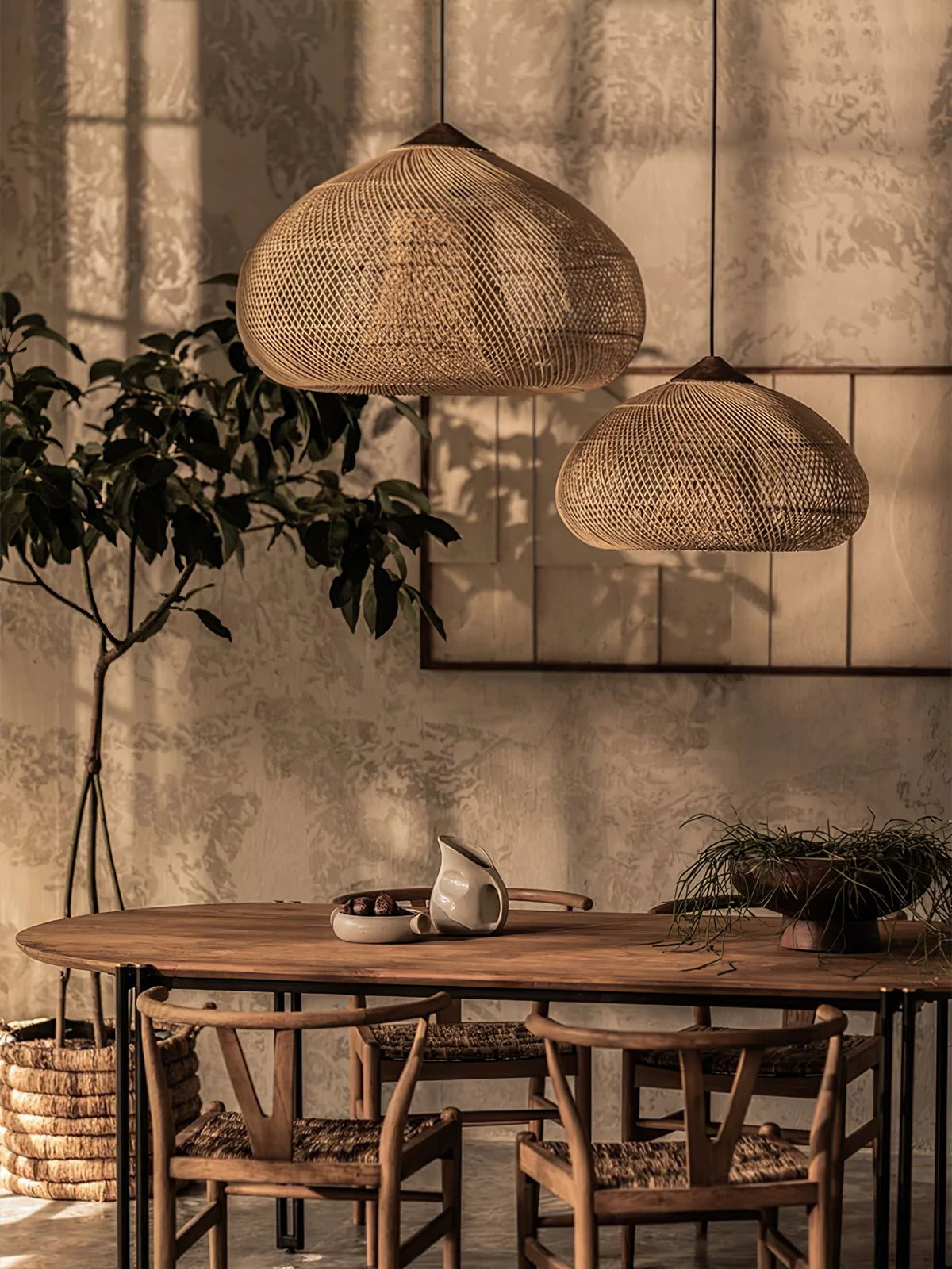 Rattan Pendant Light, Handwoven Wood & Rattan Shade