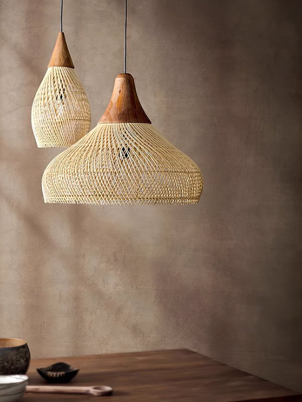 Rattan Pendant Light, Handwoven Wood & Rattan Shade