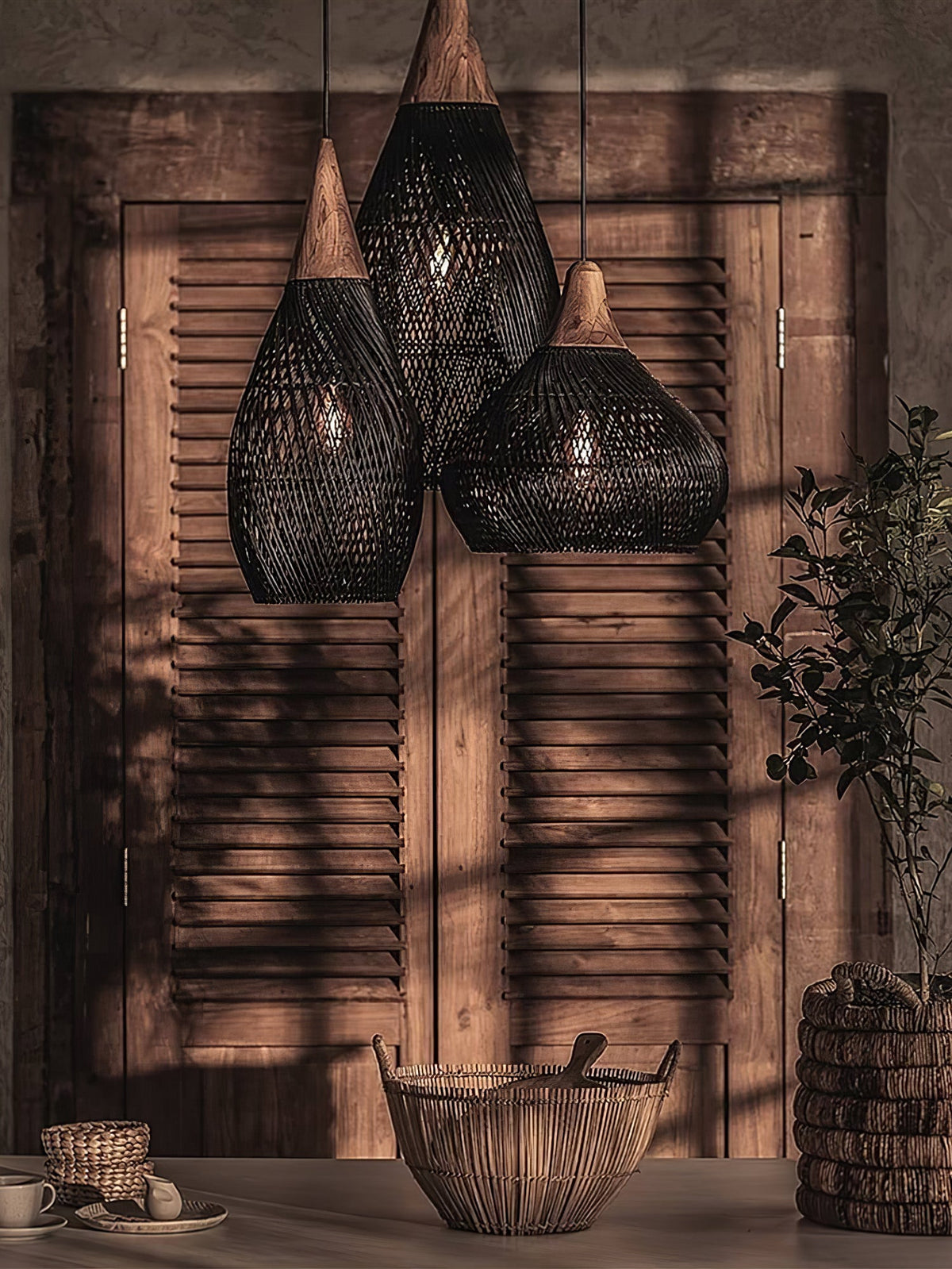 Rattan Pendant Light, Handwoven Wood & Rattan Shade