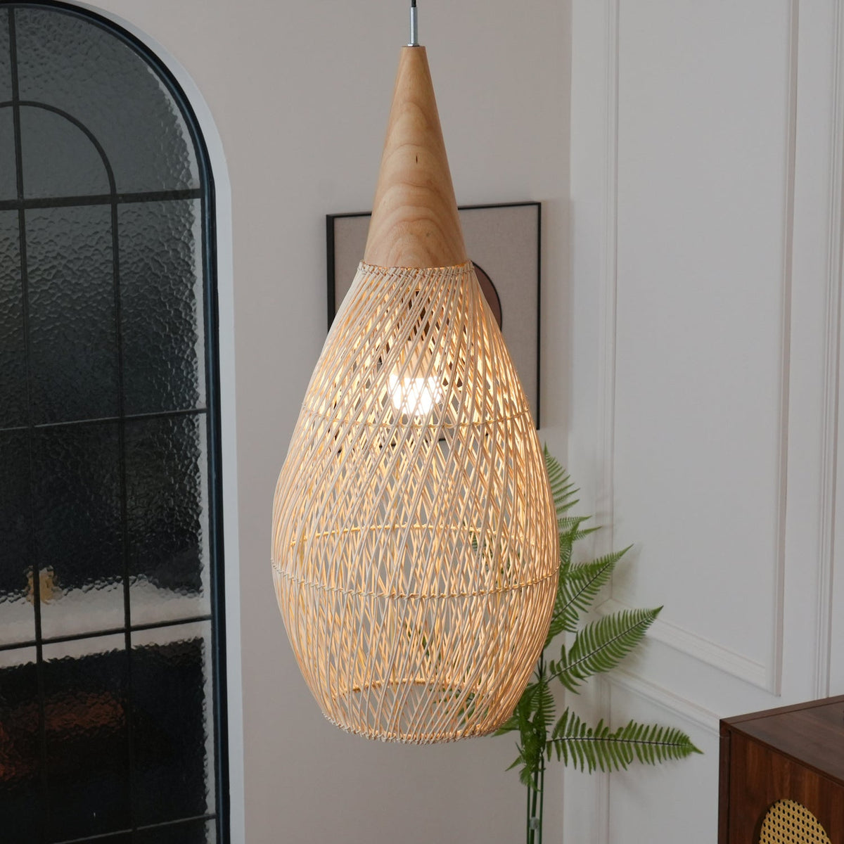 Rattan Pendant Light, Handwoven Wood & Rattan Shade