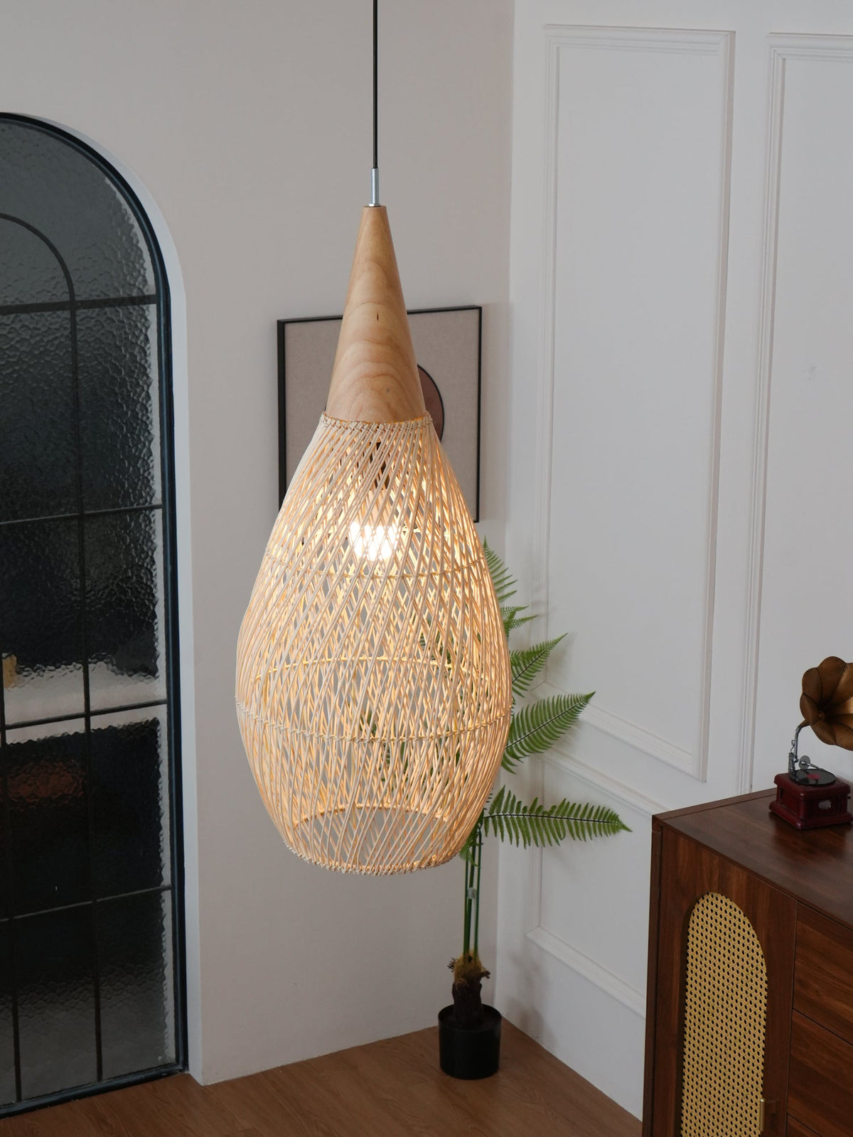 Rattan Pendant Light, Handwoven Wood & Rattan Shade