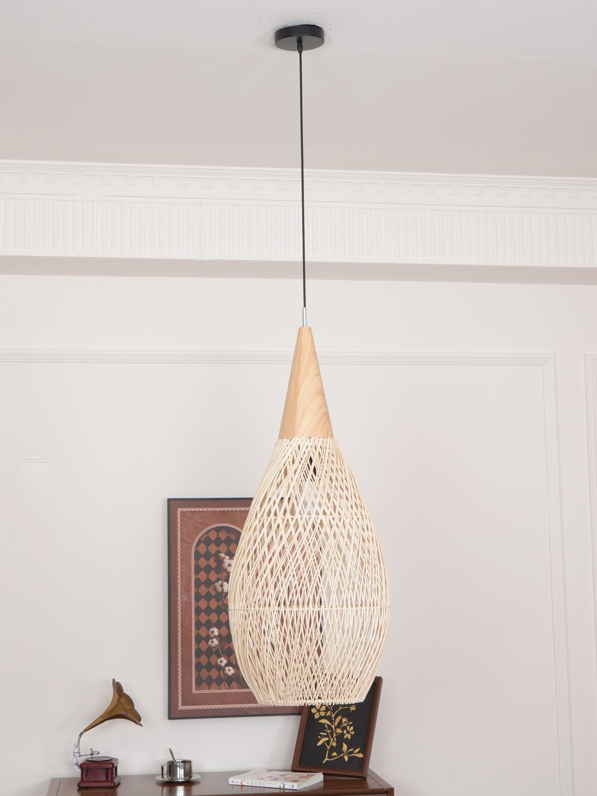 Rattan Pendant Light, Handwoven Wood & Rattan Shade