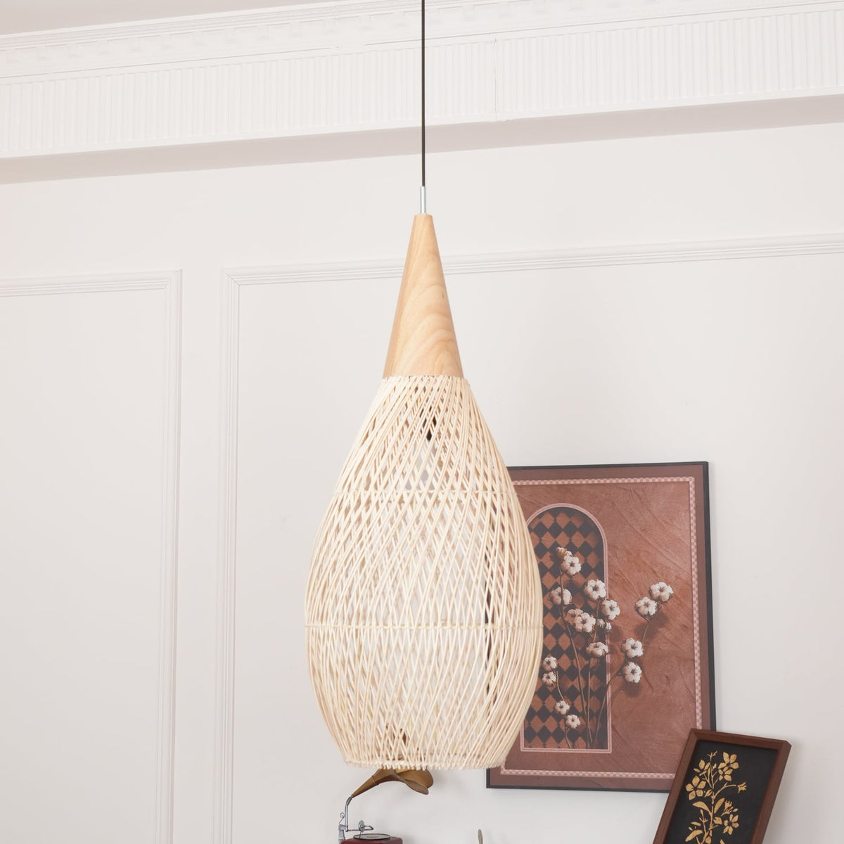 Rattan Pendant Light, Handwoven Wood & Rattan Shade