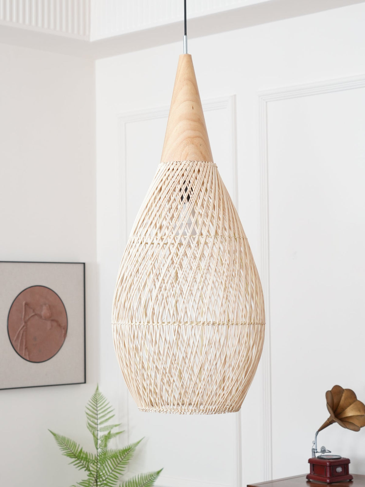 Rattan Pendant Light, Handwoven Wood & Rattan Shade