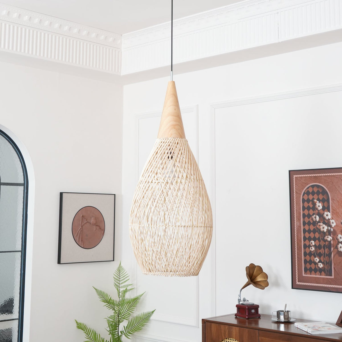 Rattan Pendant Light, Handwoven Wood & Rattan Shade