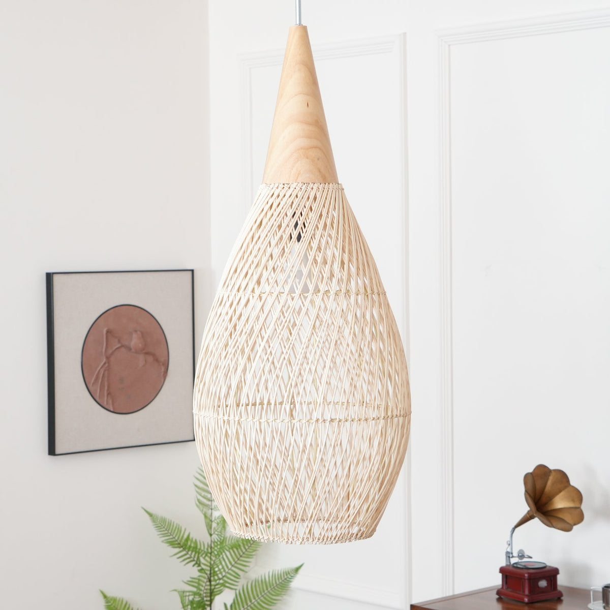 Rattan Pendant Light, Handwoven Wood & Rattan Shade