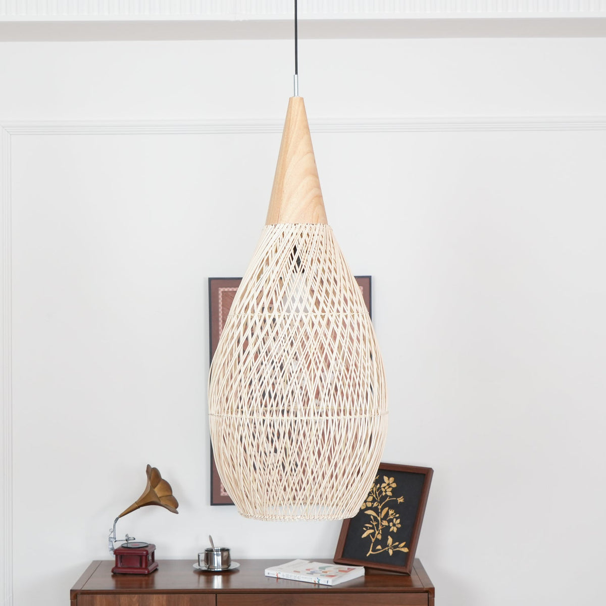 Rattan Pendant Light, Handwoven Wood & Rattan Shade
