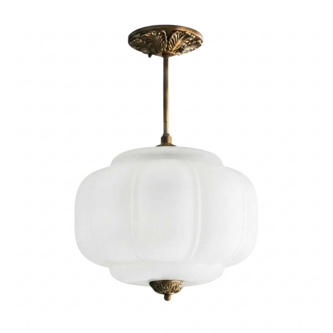 Vintage Scalloped Milk Glass Semi-Flush Ceiling Light — Casa Toscana Brass Bedroom & Hallway Fixture