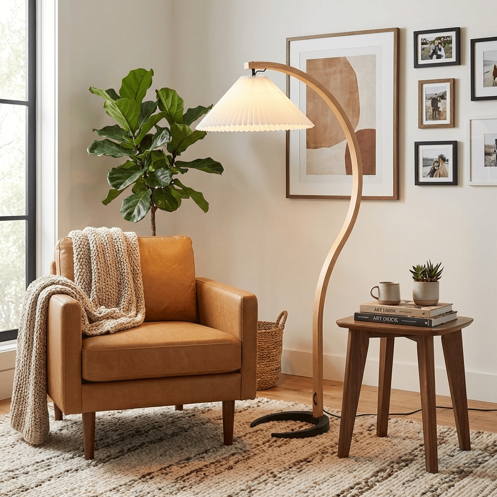 Scandi Beech Wood Floor Lamp, Linen Shade Standing Lamp