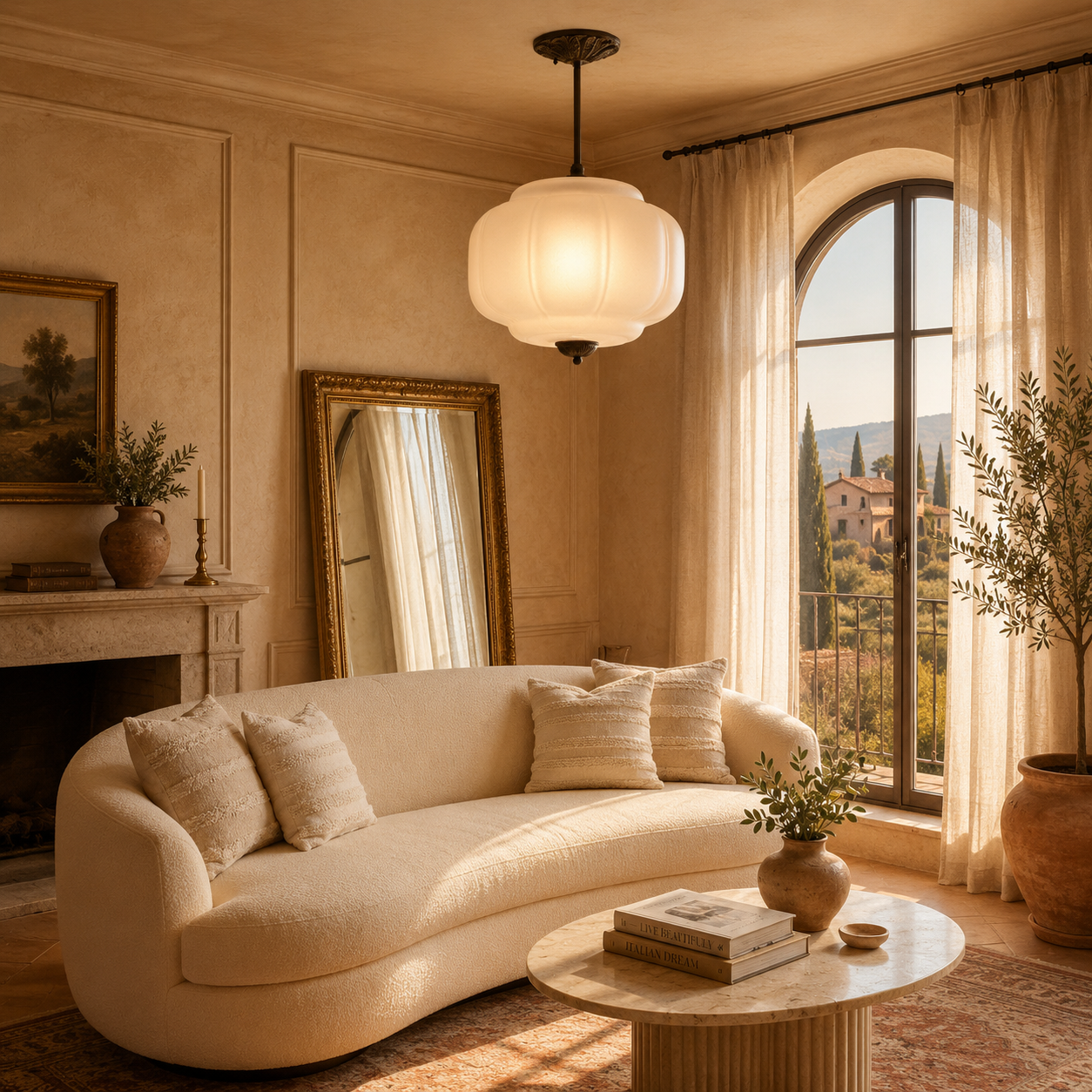 Vintage Scalloped Milk Glass Semi-Flush Ceiling Light — Casa Toscana Brass Bedroom & Hallway Fixture