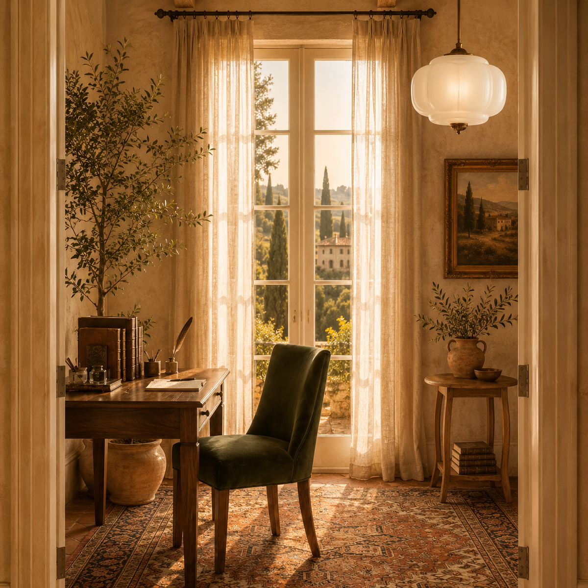 Vintage Scalloped Milk Glass Semi-Flush Ceiling Light — Casa Toscana Brass Bedroom & Hallway Fixture