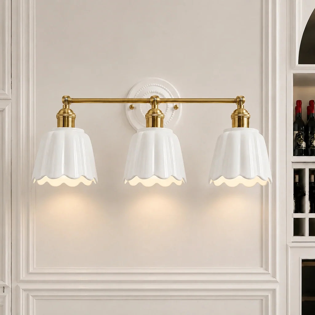 Ceramic Vanity Light, Scalloped Flower 2 or 3 Light Sconce
