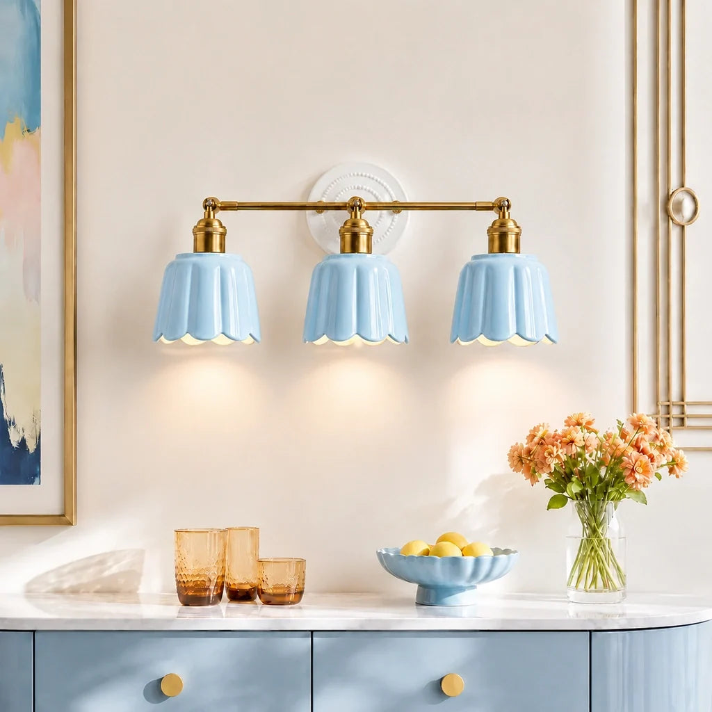 Ceramic Vanity Light, Scalloped Flower 2 or 3 Light Sconce