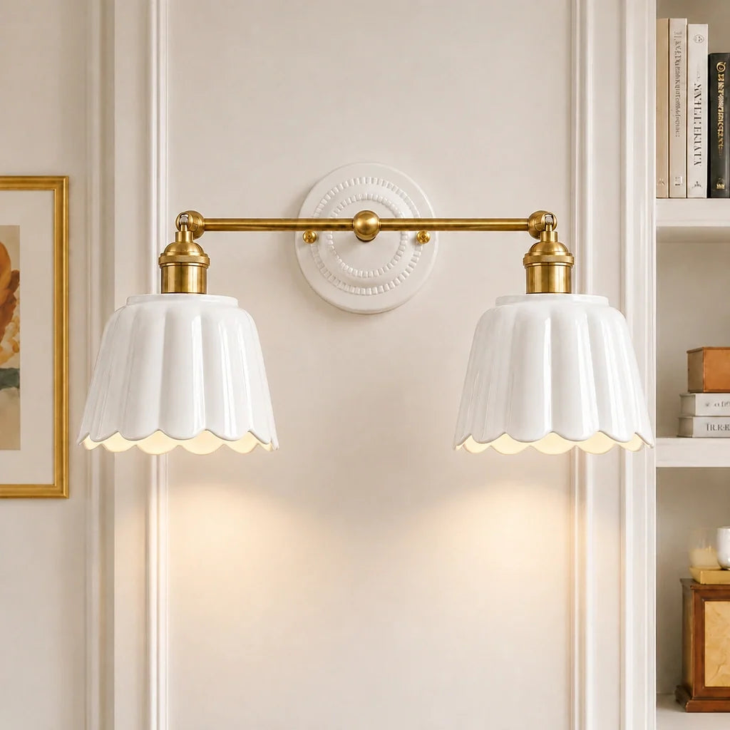 Ceramic Vanity Light, Scalloped Flower 2 or 3 Light Sconce