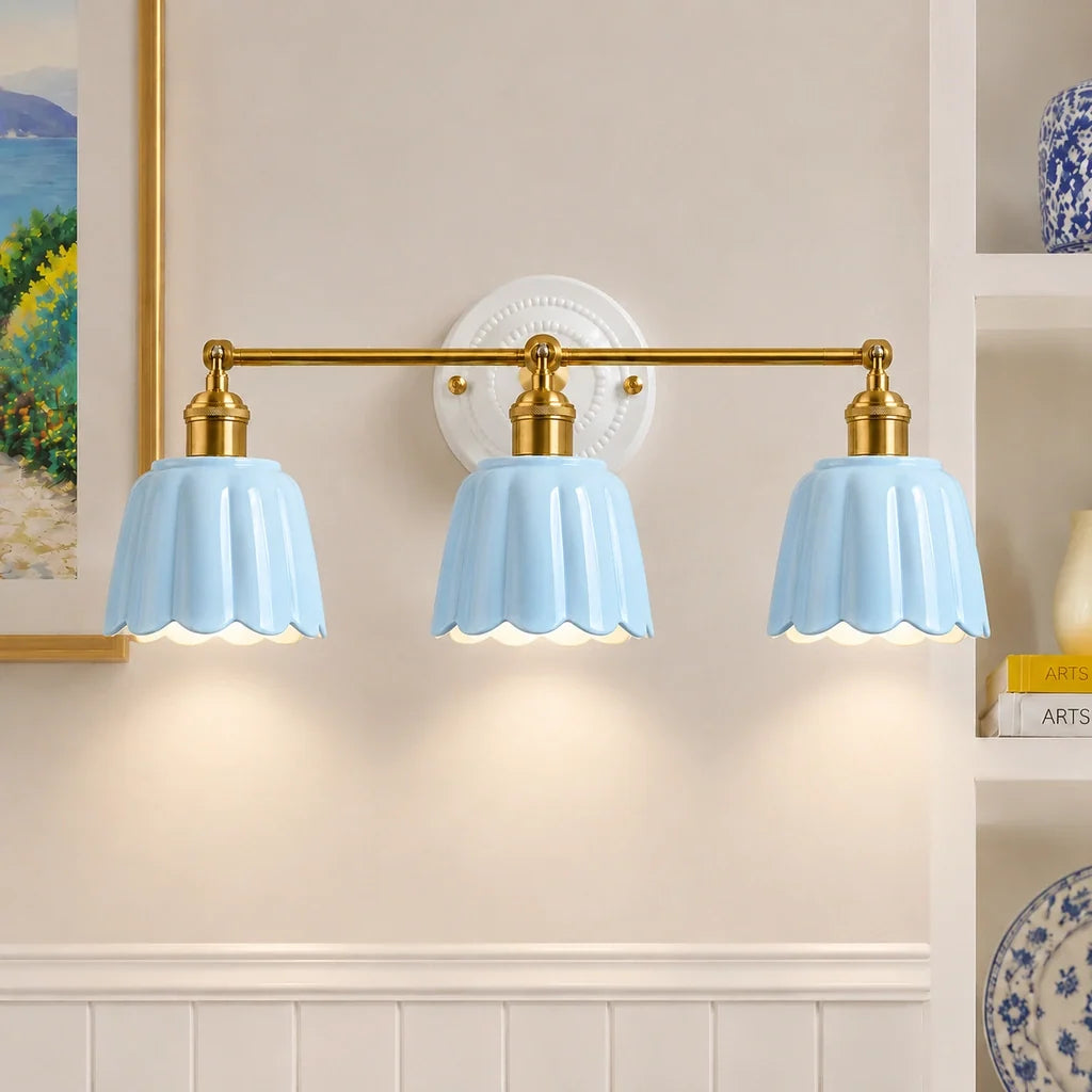Ceramic Vanity Light, Scalloped Flower 2 or 3 Light Sconce