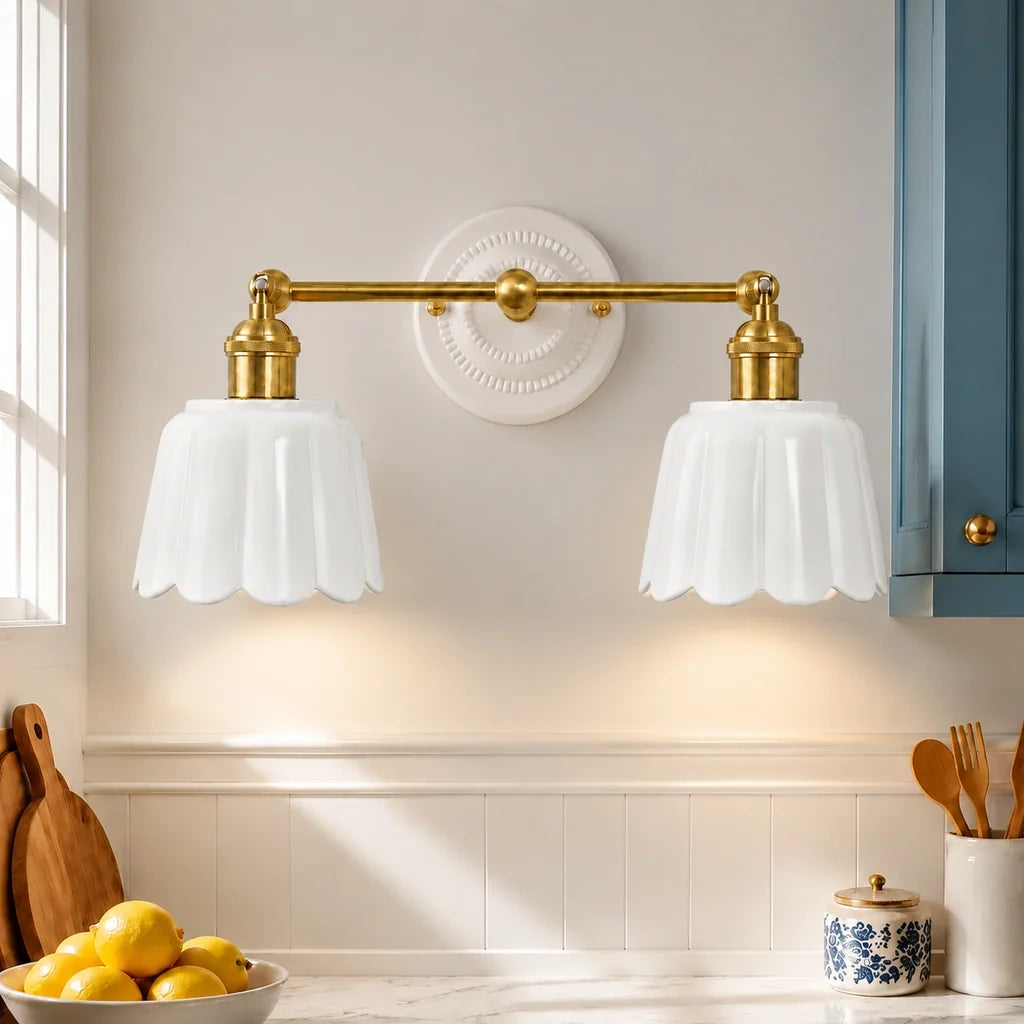 Ceramic Vanity Light, Scalloped Flower 2 or 3 Light Sconce