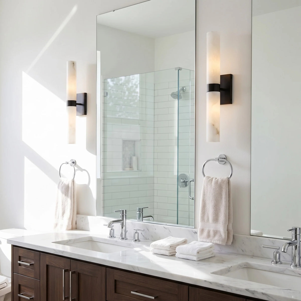Alabaster Double Tube Sconce, Twin Cylinder Tall Wall Light