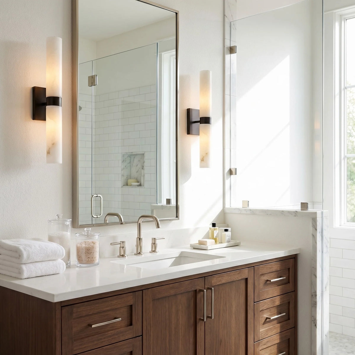 Alabaster Double Tube Sconce, Twin Cylinder Tall Wall Light