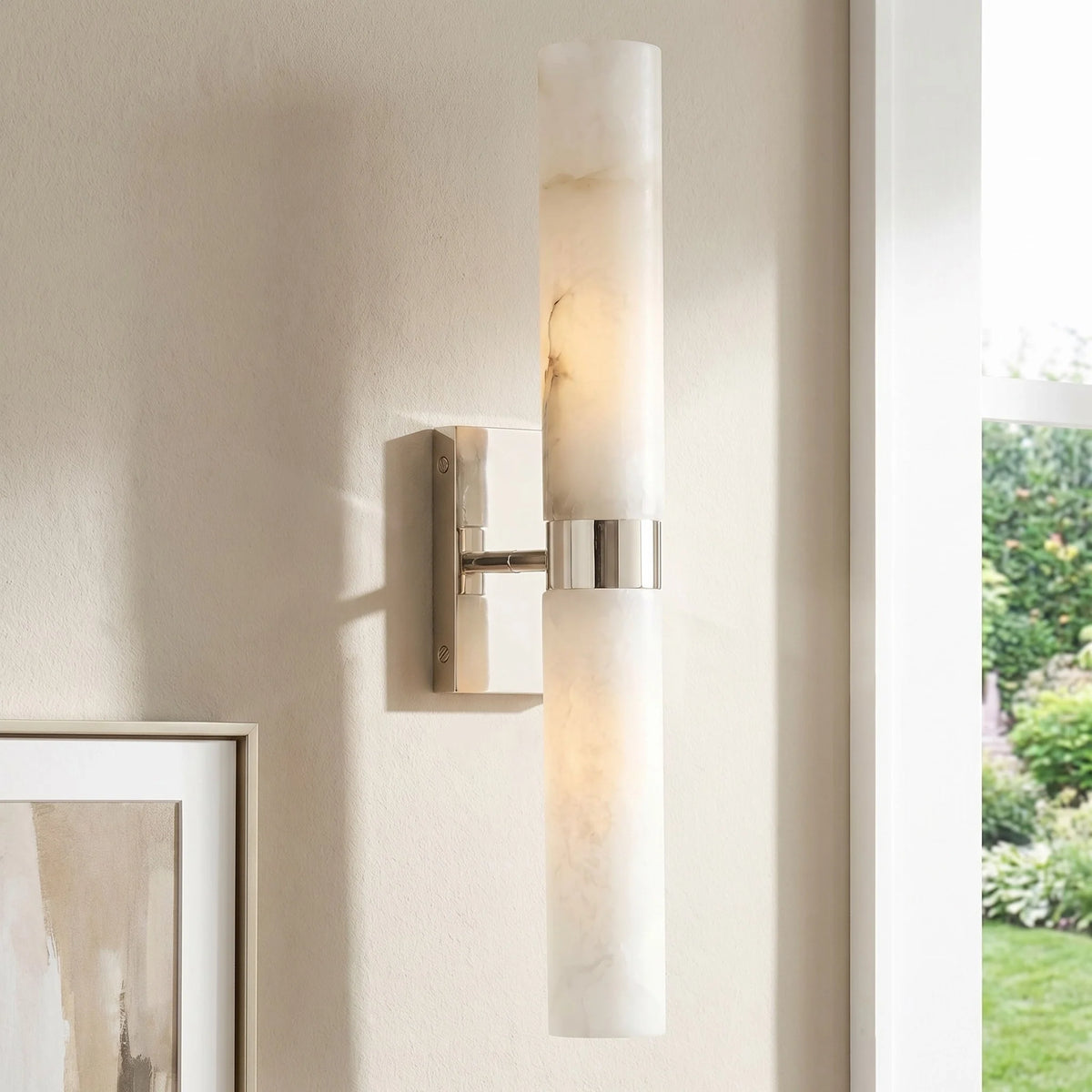 Alabaster Double Tube Sconce, Twin Cylinder Tall Wall Light