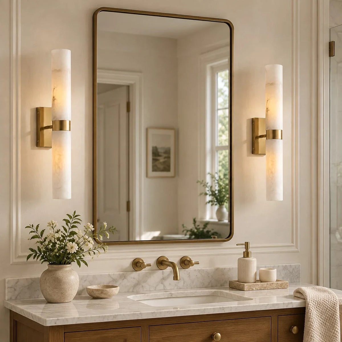 Alabaster Double Tube Sconce, Twin Cylinder Tall Wall Light