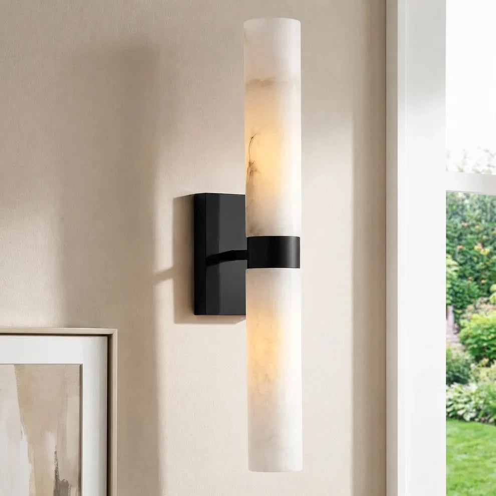 Alabaster Double Tube Sconce, Twin Cylinder Tall Wall Light