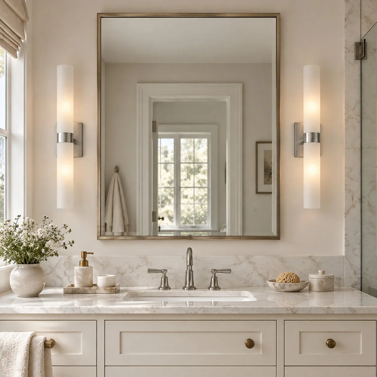 Alabaster Double Tube Sconce, Twin Cylinder Tall Wall Light