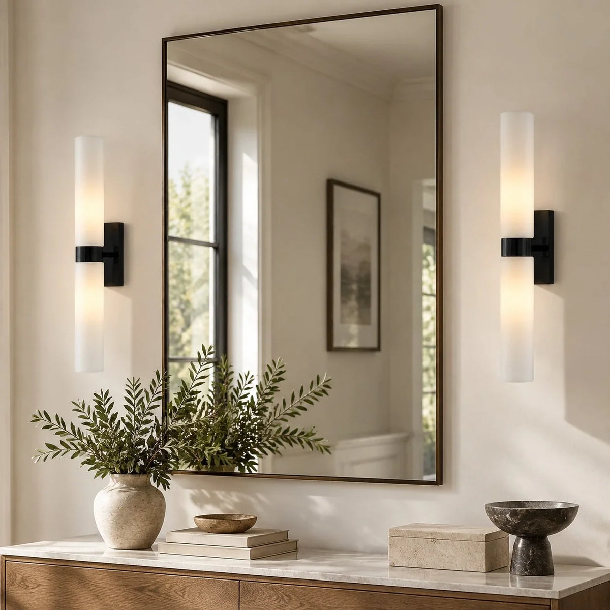 Alabaster Double Tube Sconce, Twin Cylinder Tall Wall Light