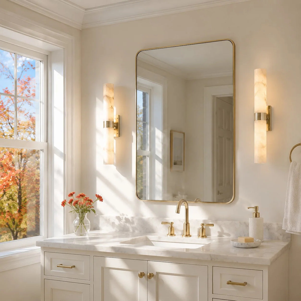 Alabaster Double Tube Sconce, Twin Cylinder Tall Wall Light