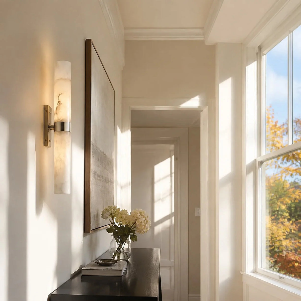Alabaster Double Tube Sconce, Twin Cylinder Tall Wall Light