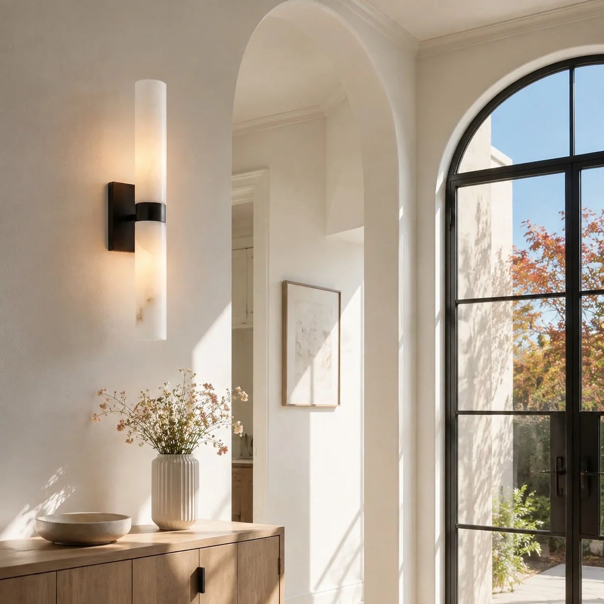 Alabaster Double Tube Sconce, Twin Cylinder Tall Wall Light