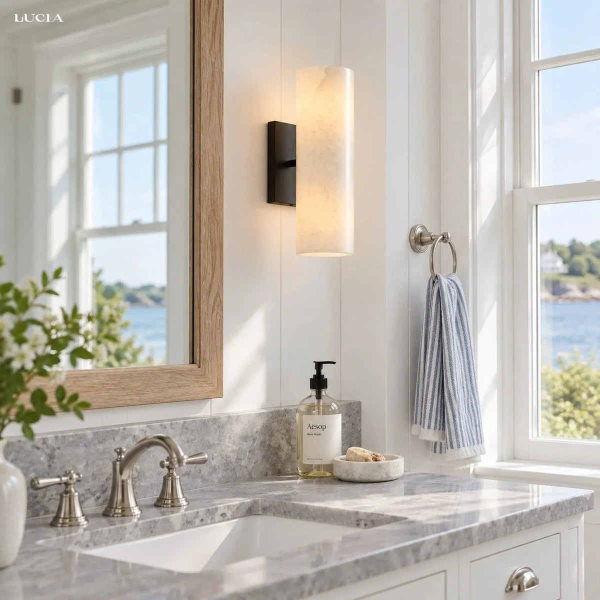 Alabaster Tube Wall Sconce, Single Cylinder, Glass or Stone