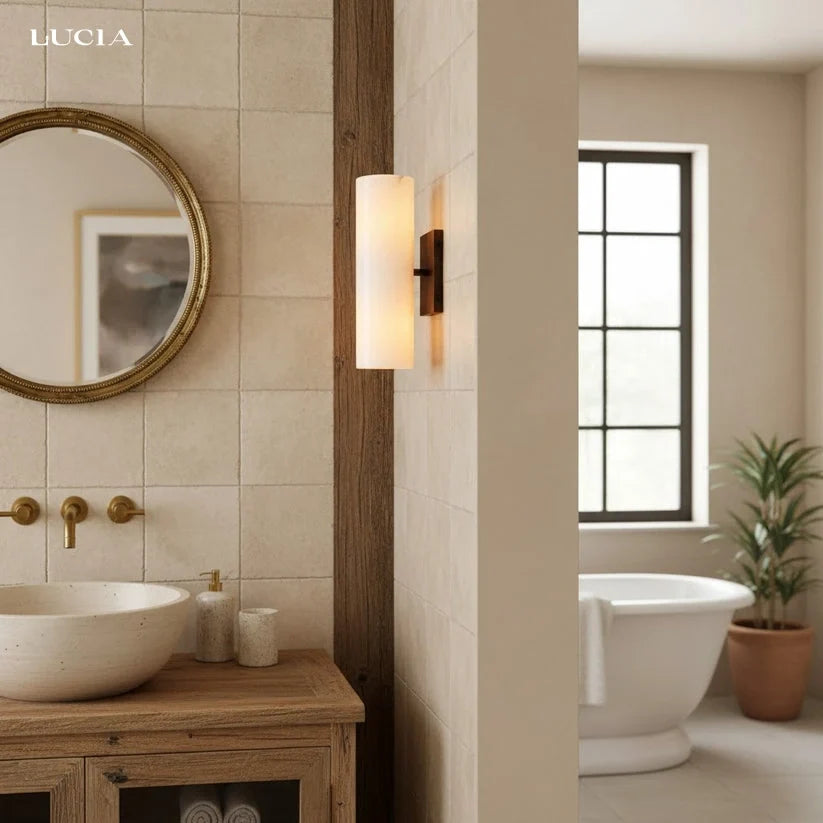 Alabaster Tube Wall Sconce, Single Cylinder, Glass or Stone