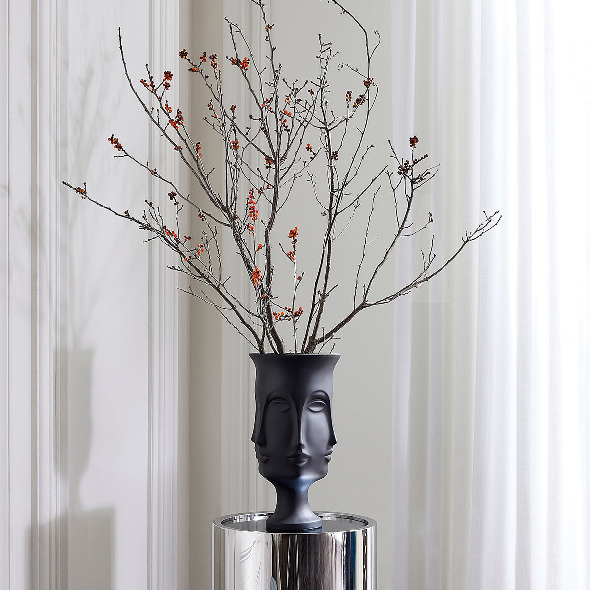 Porcelain Face Urn, Black Unglazed Surreal Decorative Urn