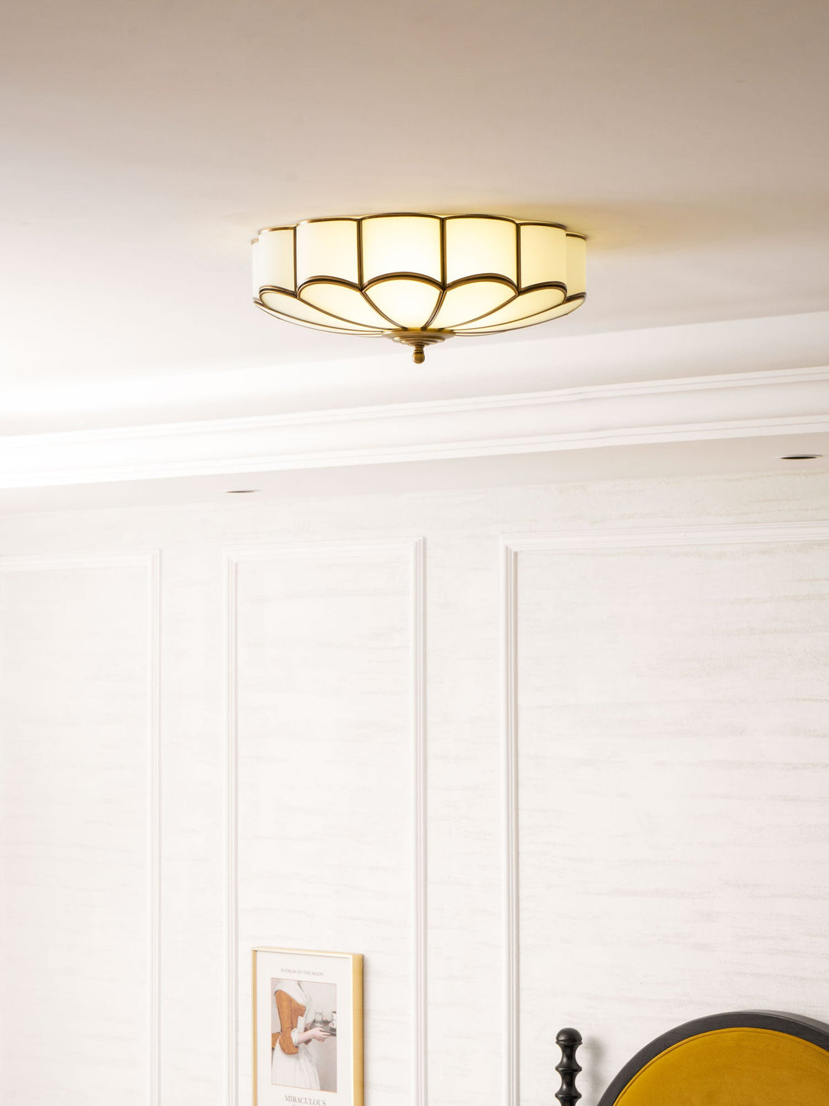 Brass Flower Semi Flush Mount Ceiling Light, Frosted Glass