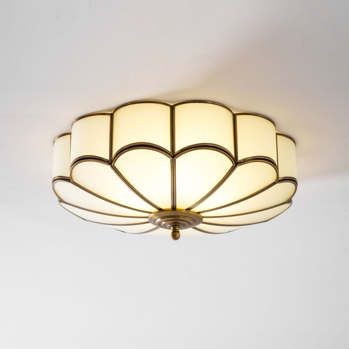 Brass Flower Semi Flush Mount Ceiling Light, Frosted Glass
