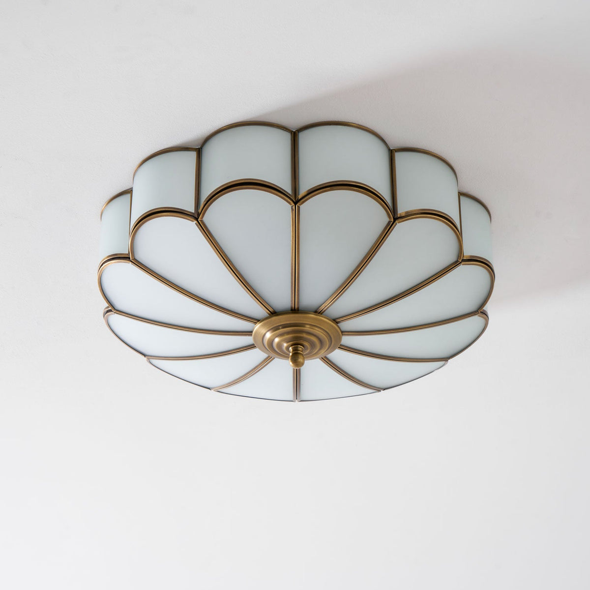 Brass Flower Semi Flush Mount Ceiling Light, Frosted Glass