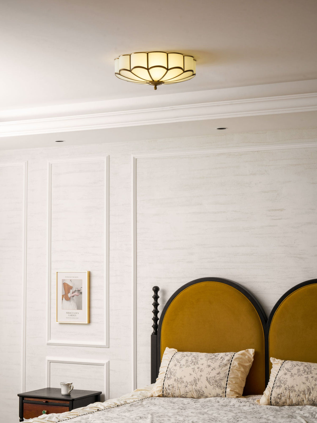 Brass Flower Semi Flush Mount Ceiling Light, Frosted Glass
