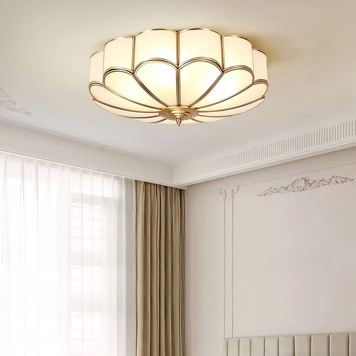 Brass Flower Semi Flush Mount Ceiling Light, Frosted Glass